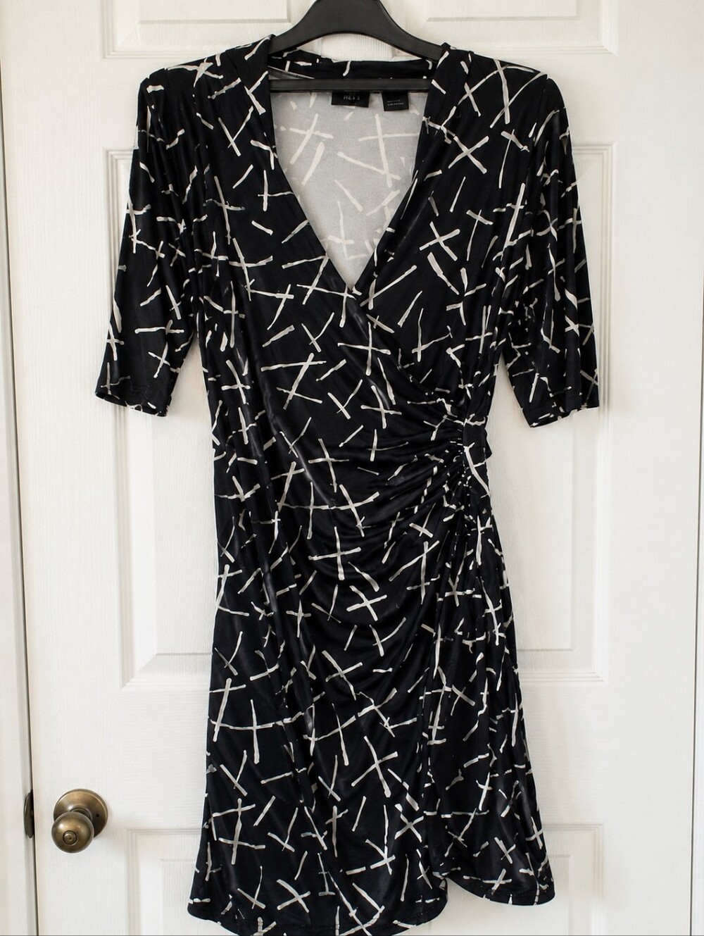 Press Black White Faux Wrap Dress Ruched Crosshatch Print Size Large